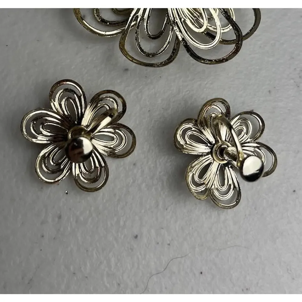 Gold Tone Wire Flower Blue Rhinestone Screw Back Earrings & Brooch Pin Set MCM